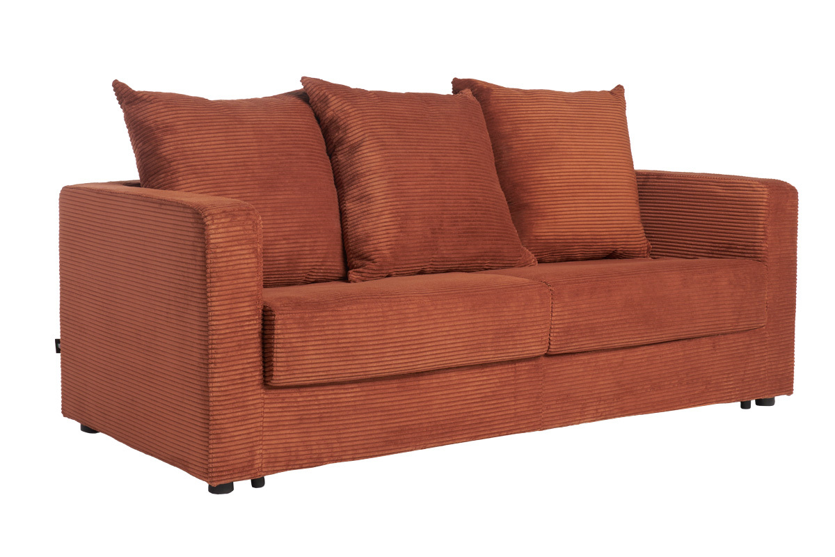 3-Sitzer Schlafsofa aus Cord-Samt in Terrakotta mit einer Matratze von 13 cm BACIO