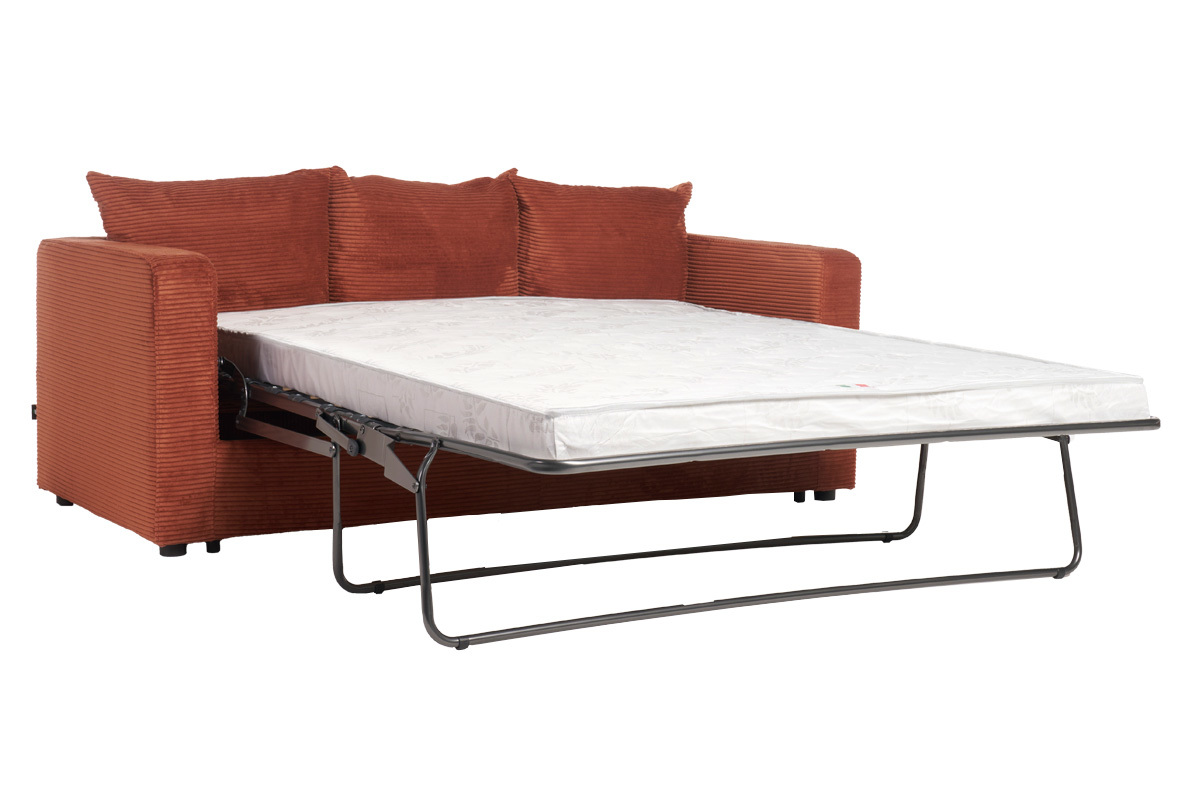 3-Sitzer Schlafsofa aus Cord-Samt in Terrakotta mit einer Matratze von 13 cm BACIO