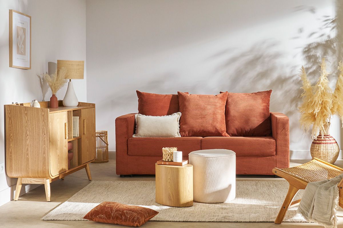3-Sitzer Schlafsofa aus Cord-Samt in Terrakotta mit einer Matratze von 13 cm BACIO