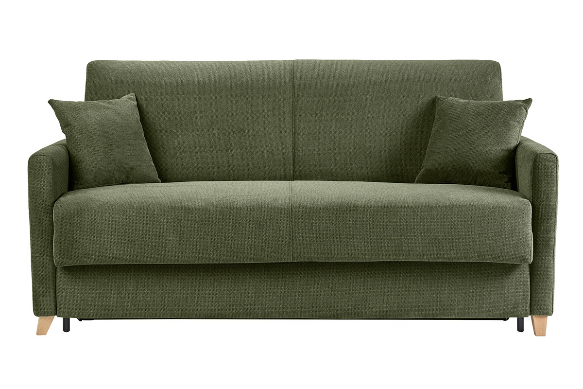 3-Sitzer-Schlafsofa aus dunkelgr�nem Chenille-Stoff mit Kissen, Frontansicht.