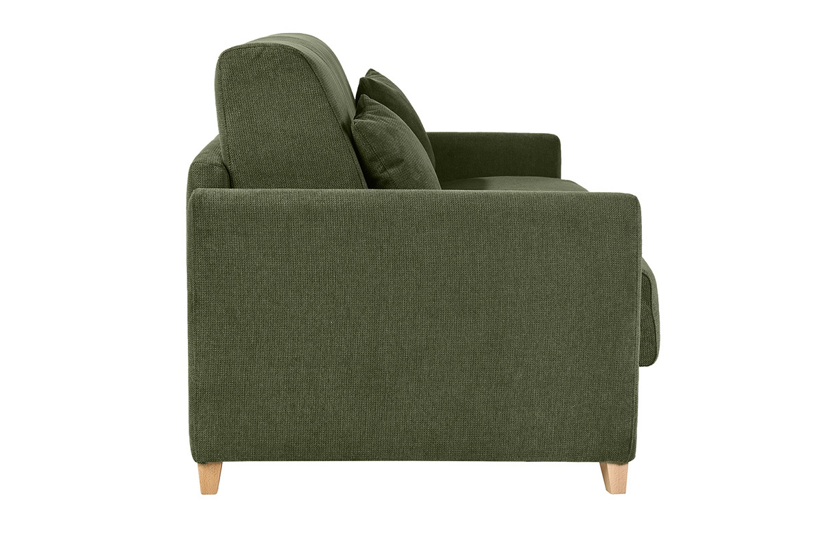 Dreisitzer-Schlafsofa aus dunkelgr�nem Chenille-Stoff, Seitenansicht mit hellen Holzf��en.