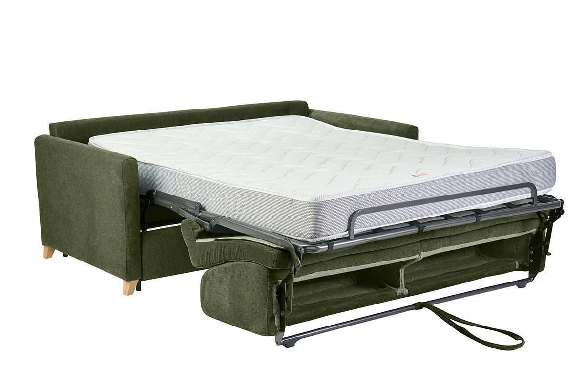 3-Sitzer-Schlafsofa SKANDY aus dunkelgr�nem Chenille-Stoff mit ausgeklappter Matratze, 3/4-Ansicht.