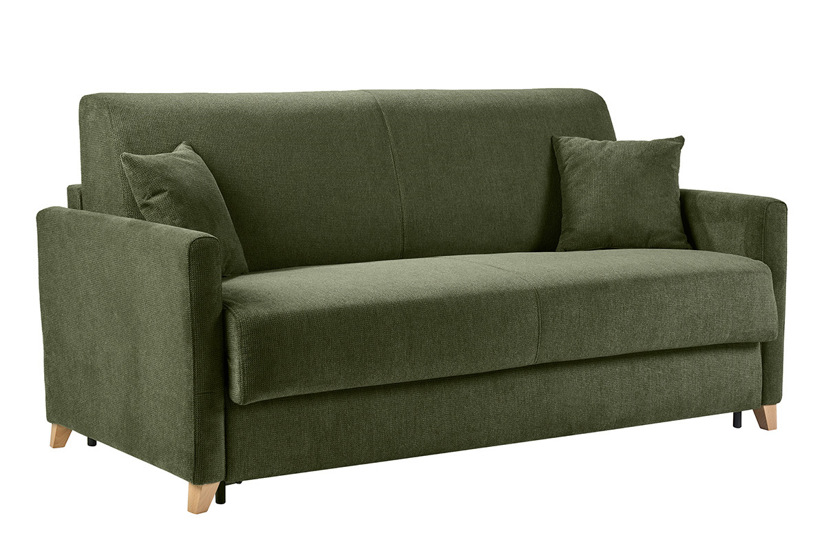 3-Sitzer-Schlafsofa aus dunkelgr�nem Chenille-Stoff mit Kissen, 3/4-Ansicht.