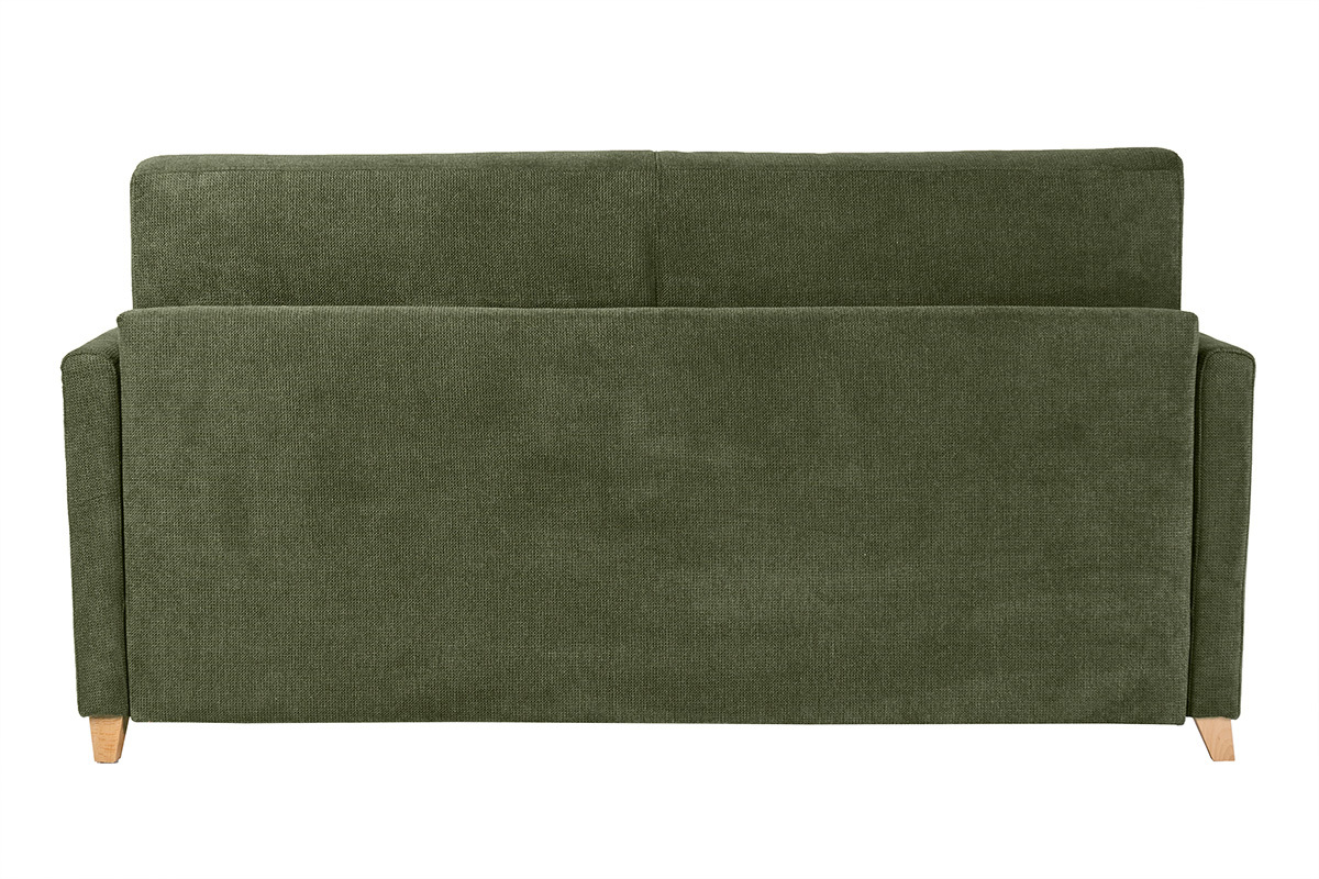 R�ckansicht des dunkelgr�nen 3-Sitzer-Schlafsofas SKANDY mit Beinen aus hellem Holz.
