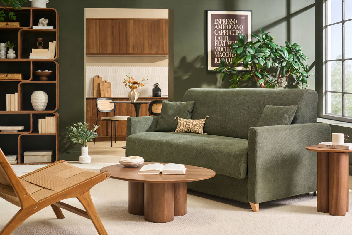 3-Sitzer-Schlafsofa aus dunkelgr�nem Chenille-Stoff und hellem Holz mit 18 cm Matratze SKANDY