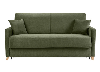 3-Sitzer-Schlafsofa aus dunkelgr&uuml;nem Chenille-Stoff und hellem Holz mit 18 cm Matratze SKANDY