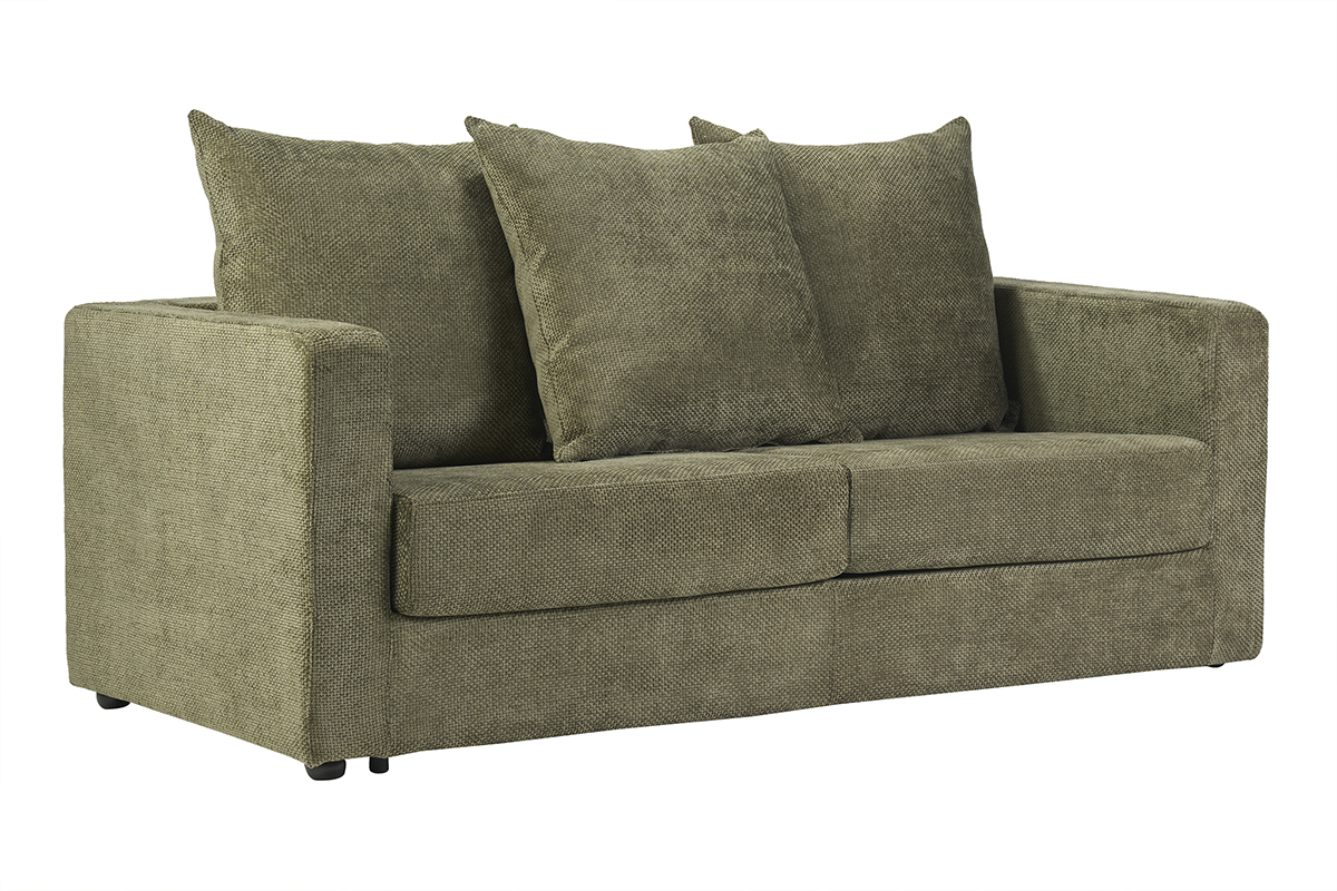 3-Sitzer-Schlafsofa aus khaki-gr�nem Chenille-Samt, mit Kissen, 3/4-Ansicht.