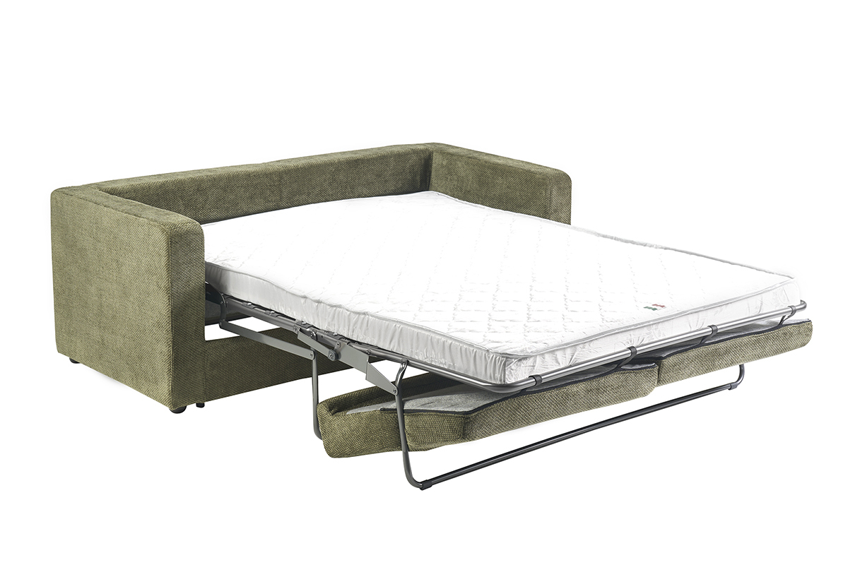 3-Sitzer-Schlafsofa aus gr�nem Khaki-Chenille-Samt mit ausgeklappter 13 cm dicker Matratze