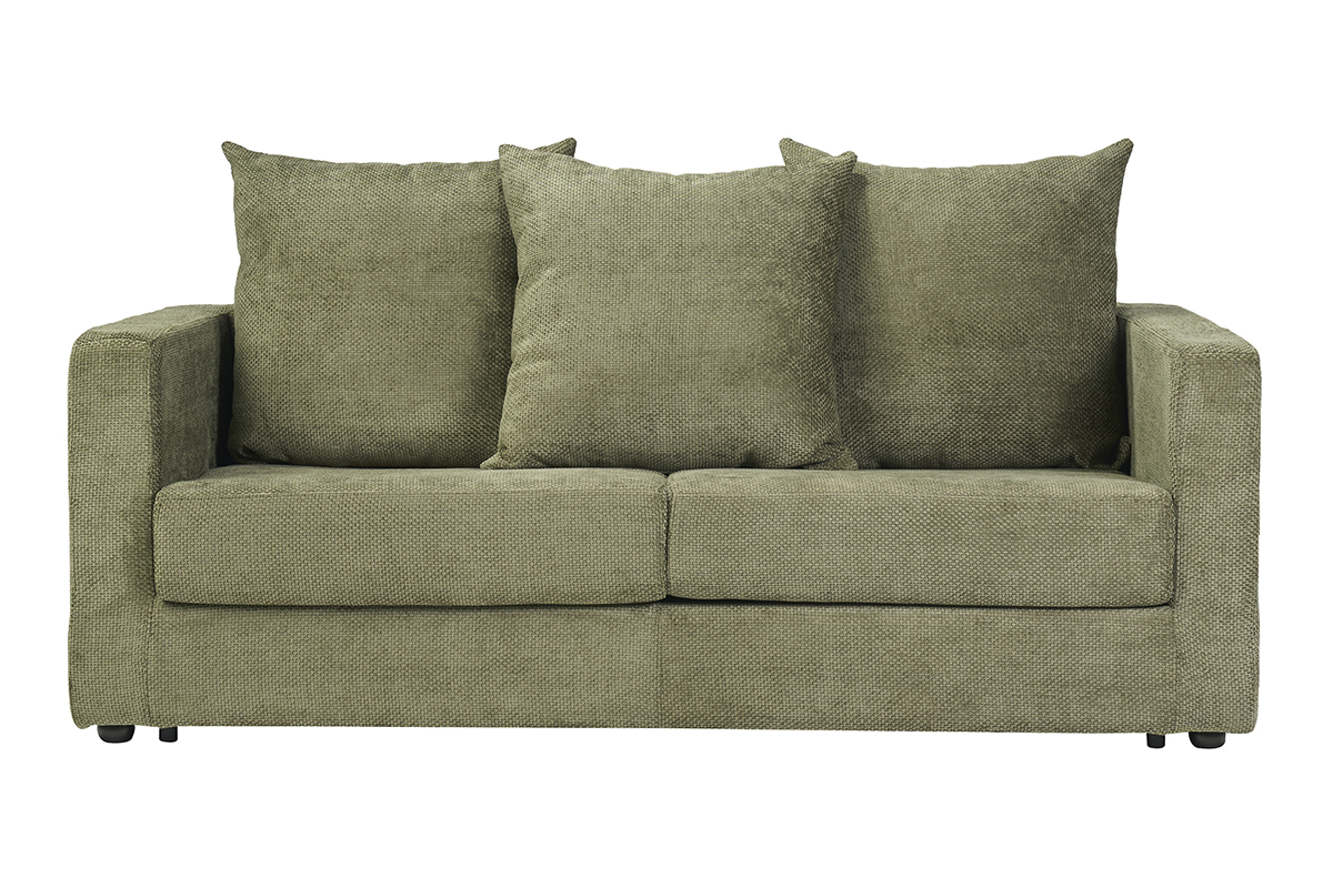 3-Sitzer-Schlafsofa aus khakigr�nem Chenille-Velours, Frontansicht mit Kissen.