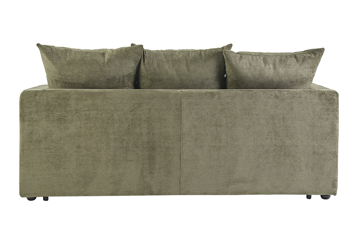 3-Sitzer-Schlafsofa aus khakigr�nem Chenille-Samt, R�ckseite mit Kissen, R�ckansicht.
