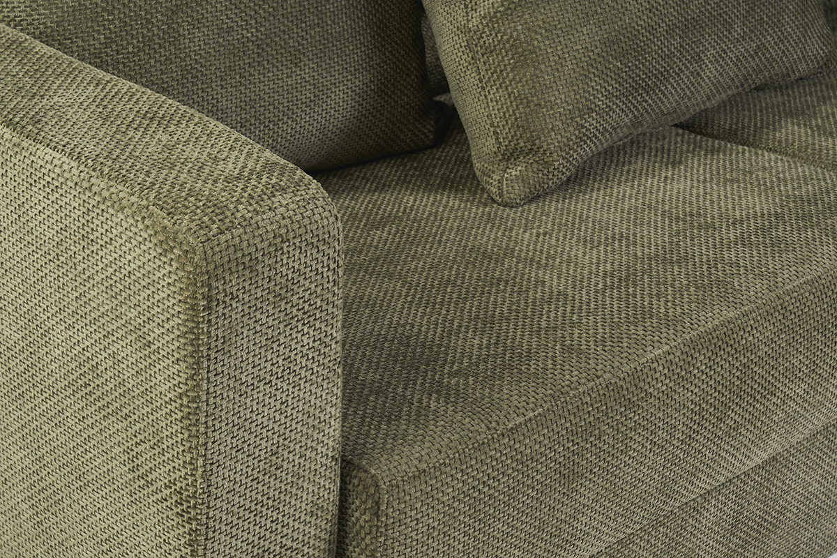 3-Sitzer-Schlafsofa aus khaki-gr�nem Chenille-Veloursstoff, Nahaufnahme der Kissen