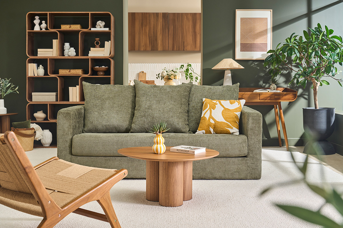 3-Sitzer-Schlafsofa aus samtigem Chenille-Stoff in Khaki-Gr�n mit 13 cm Matratze BACIO