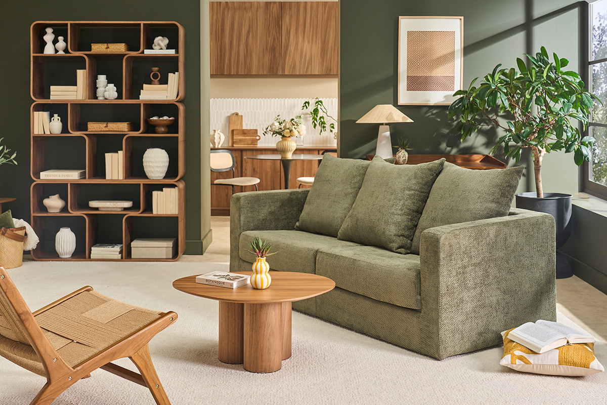 3-Sitzer-Schlafsofa aus samtigem Chenille-Stoff in Khaki-Gr�n mit 13 cm Matratze BACIO