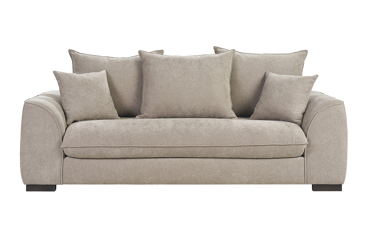 Dreisitzer-Schlafsofa aus taupefarbenem Stoff, Frontansicht.