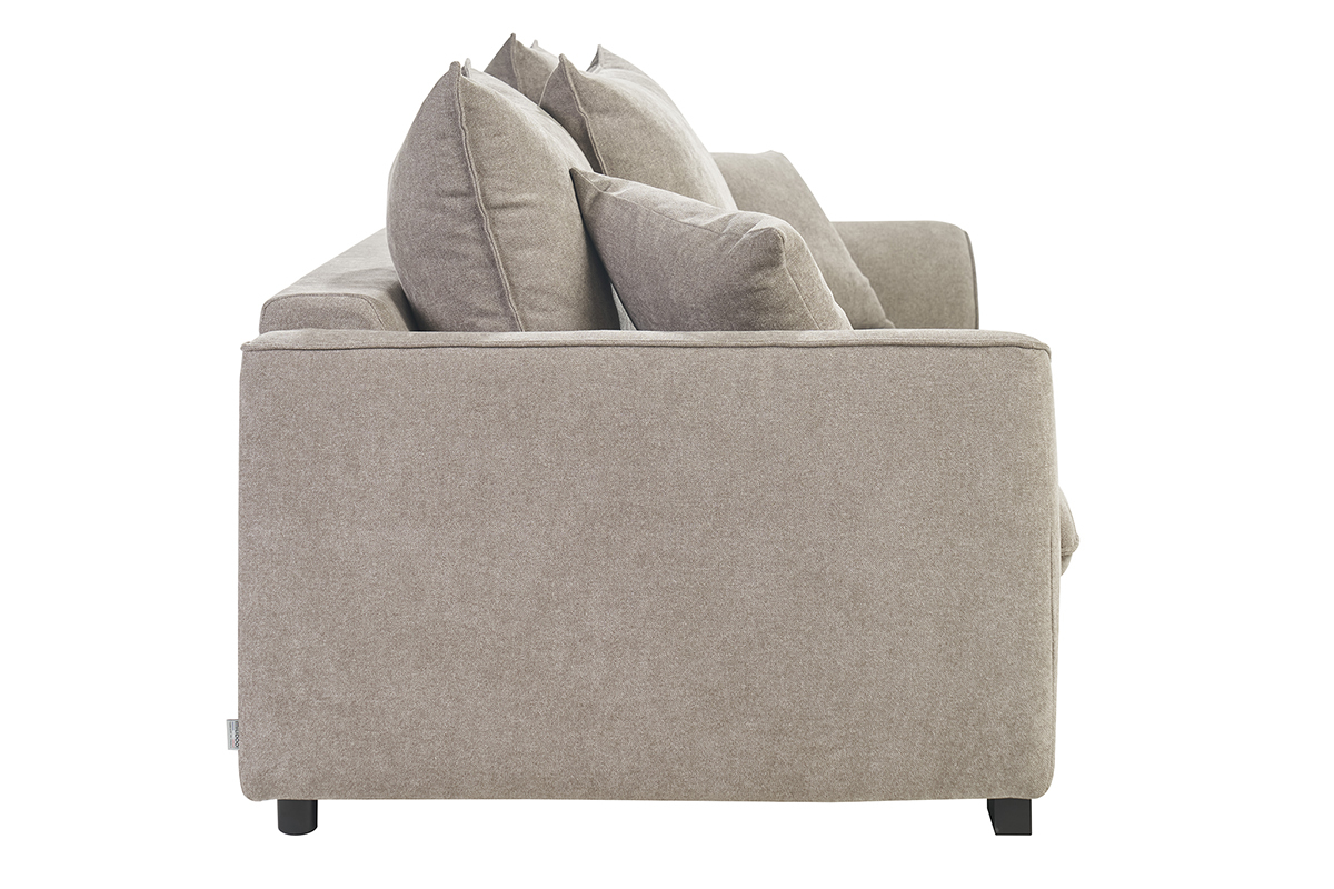 Dreisitziges Schlafsofa in Taupe, Seitenansicht mit Kissen.