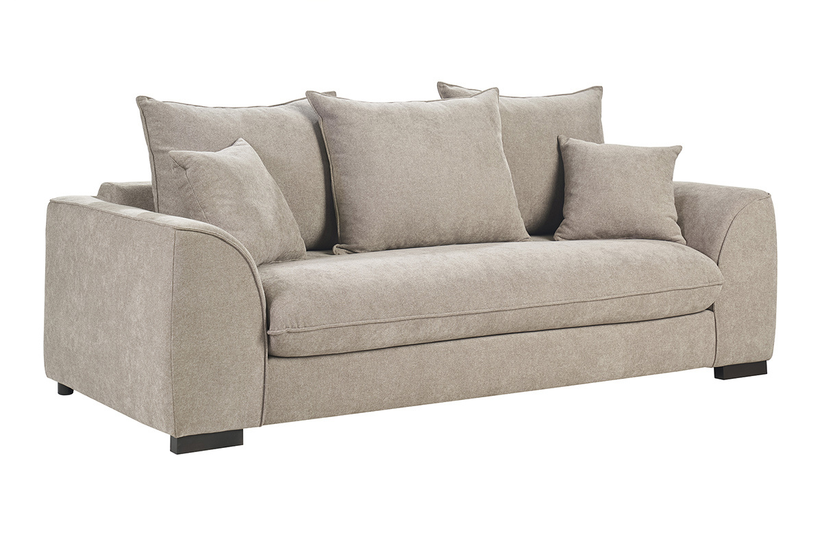 Dreisitzer-Schlafsofa aus taupefarbenem Stoff, Dreiviertelansicht mit passenden Kissen.