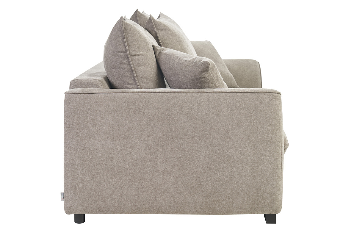 Dreisitzer-Schlafsofa in Taupe mit Samteffekt, Seitenansicht.
