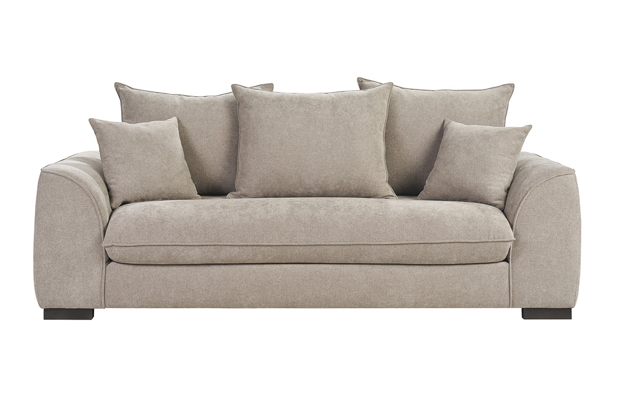 Dreisitzer-Schlafsofa in Taupe, Samteffekt, Frontansicht.