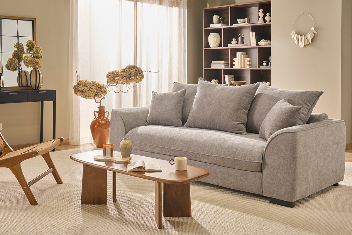 3-Sitzer Schlafsofa in taupefarbenem Samt-Effekt Stoff mit 12 cm Matratze ARMAND