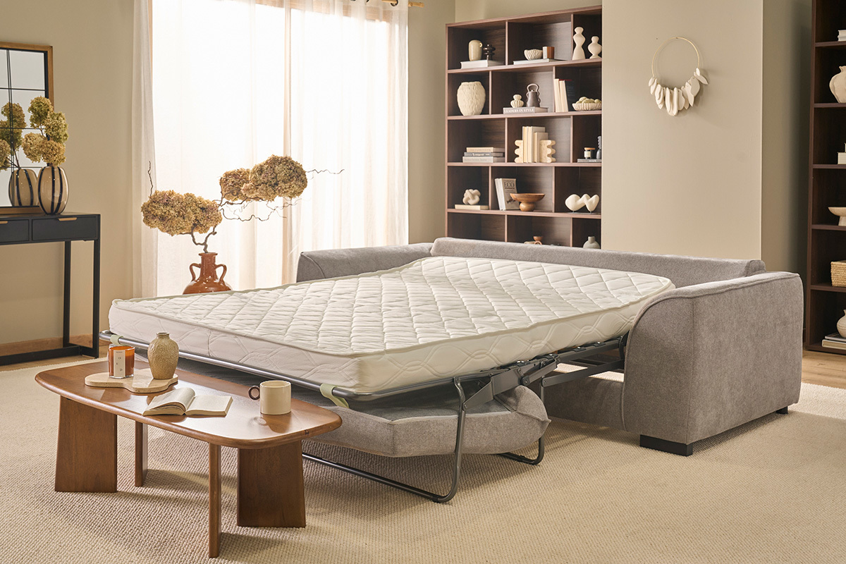 3-Sitzer Schlafsofa in taupefarbenem Samt-Effekt Stoff mit 12 cm Matratze ARMAND