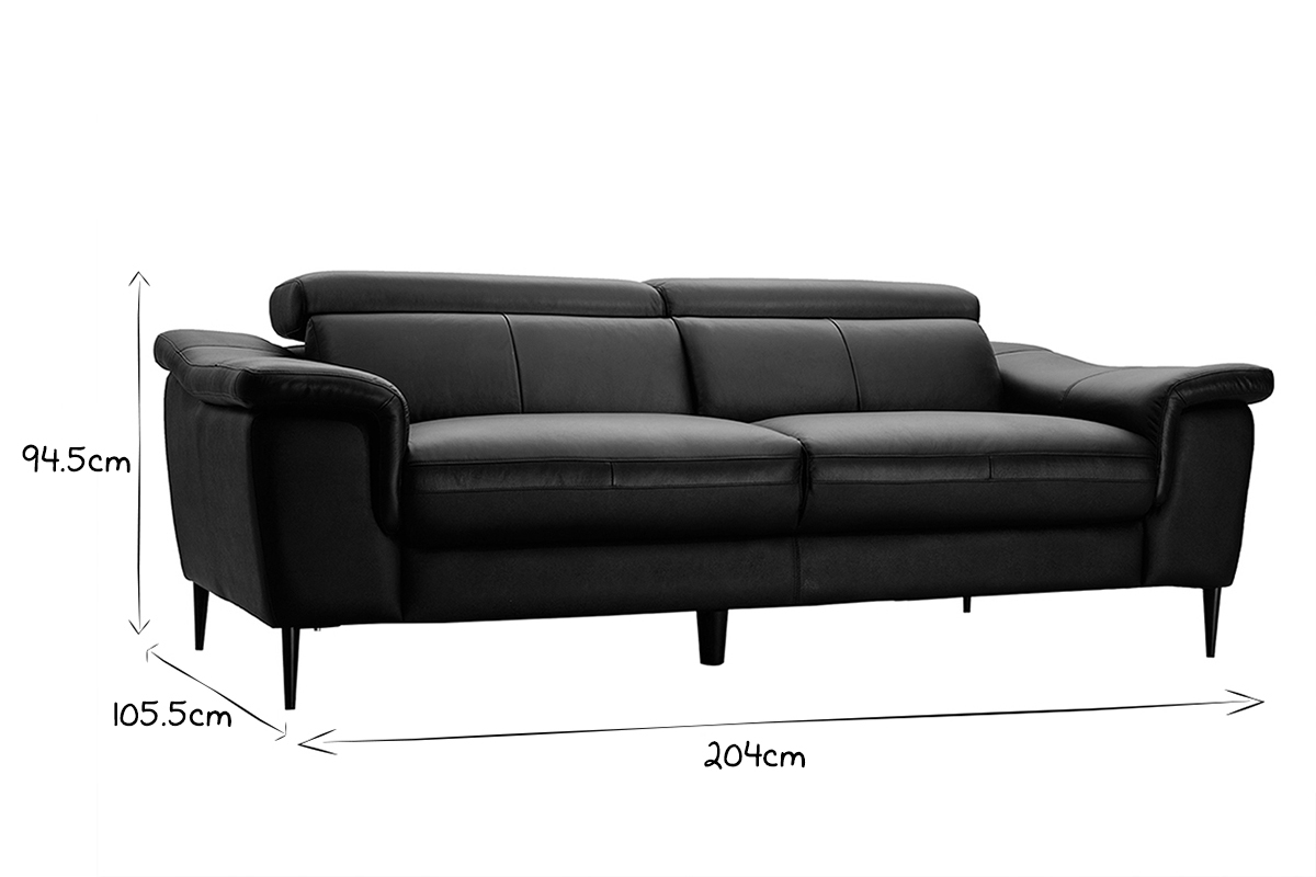 3-Sitzer schwarzes Ledersofa mit verstellbaren Kopfsttzen ROMEO - Bffelleder
