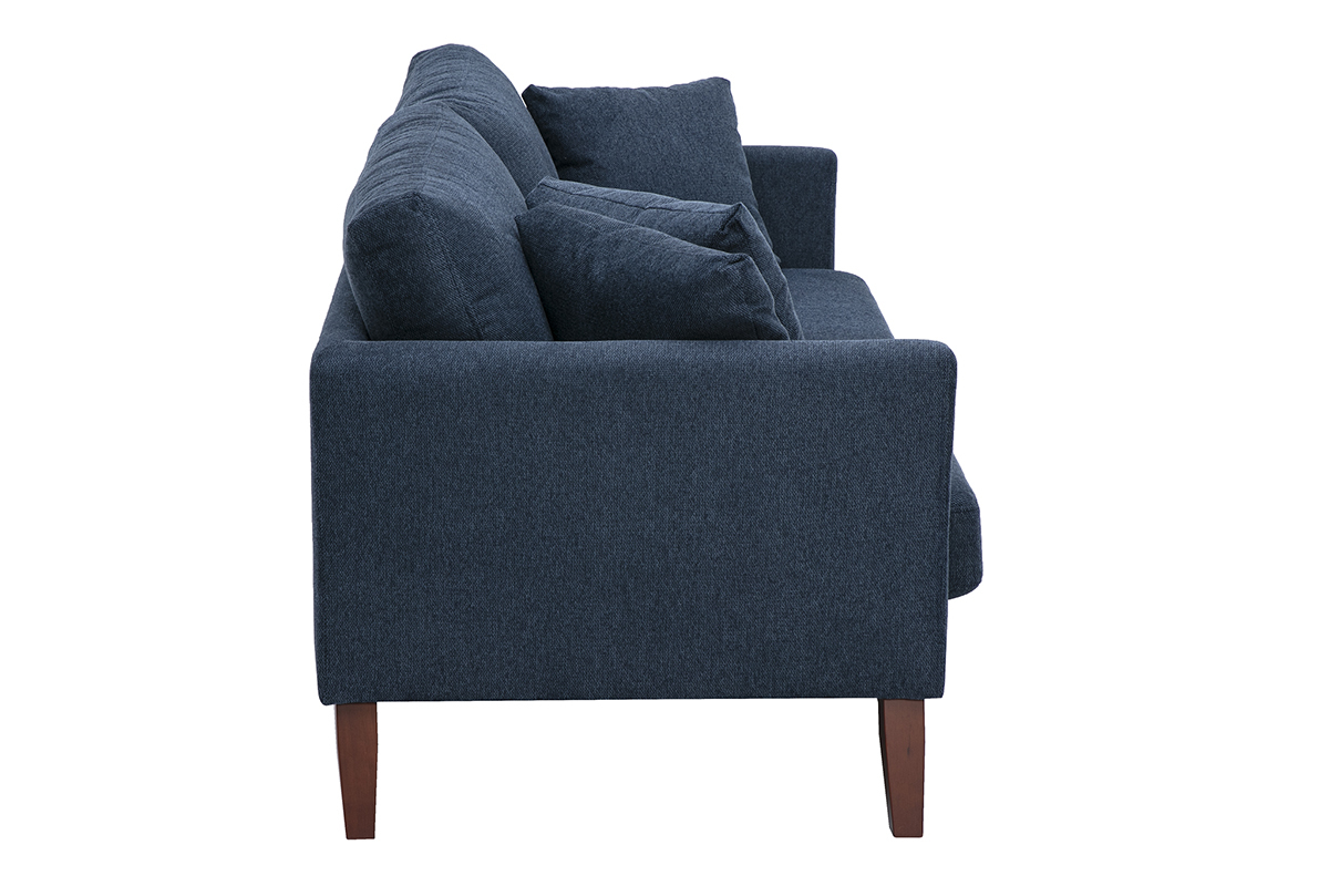 Skandinavisches 3-Sitzer-Sofa in Dunkelblau, Seitenansicht, Stoff mit strukturierter Samtoptik und F��en aus dunklem Holz.