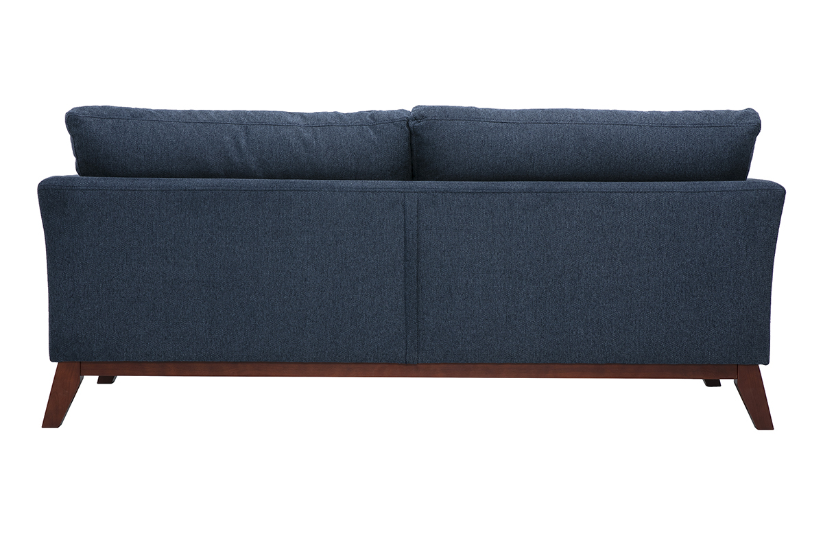 Abziehbares skandinavisches 3-Sitzer-Sofa aus dunkelblauem Stoff, R�ckansicht, mit F��en aus dunklem Holz.