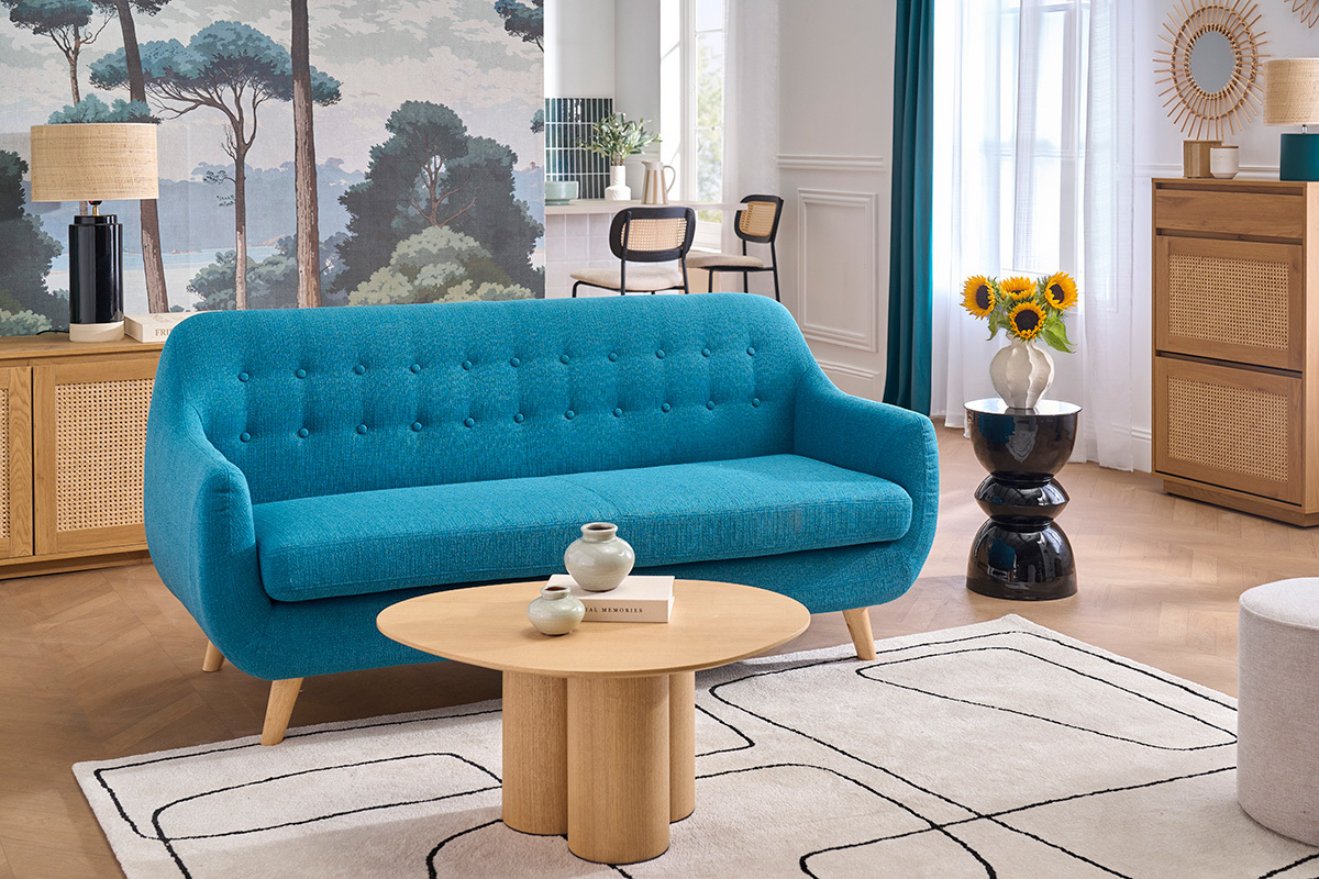 3-Sitzer skandinavisches Sofa mit abnehmbarem Bezug in entenblau und Holz YNOK