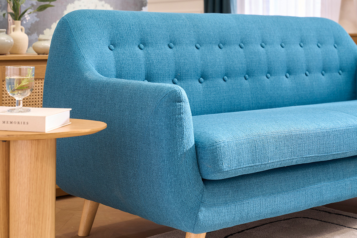 3-Sitzer skandinavisches Sofa mit abnehmbarem Bezug in entenblau und Holz YNOK