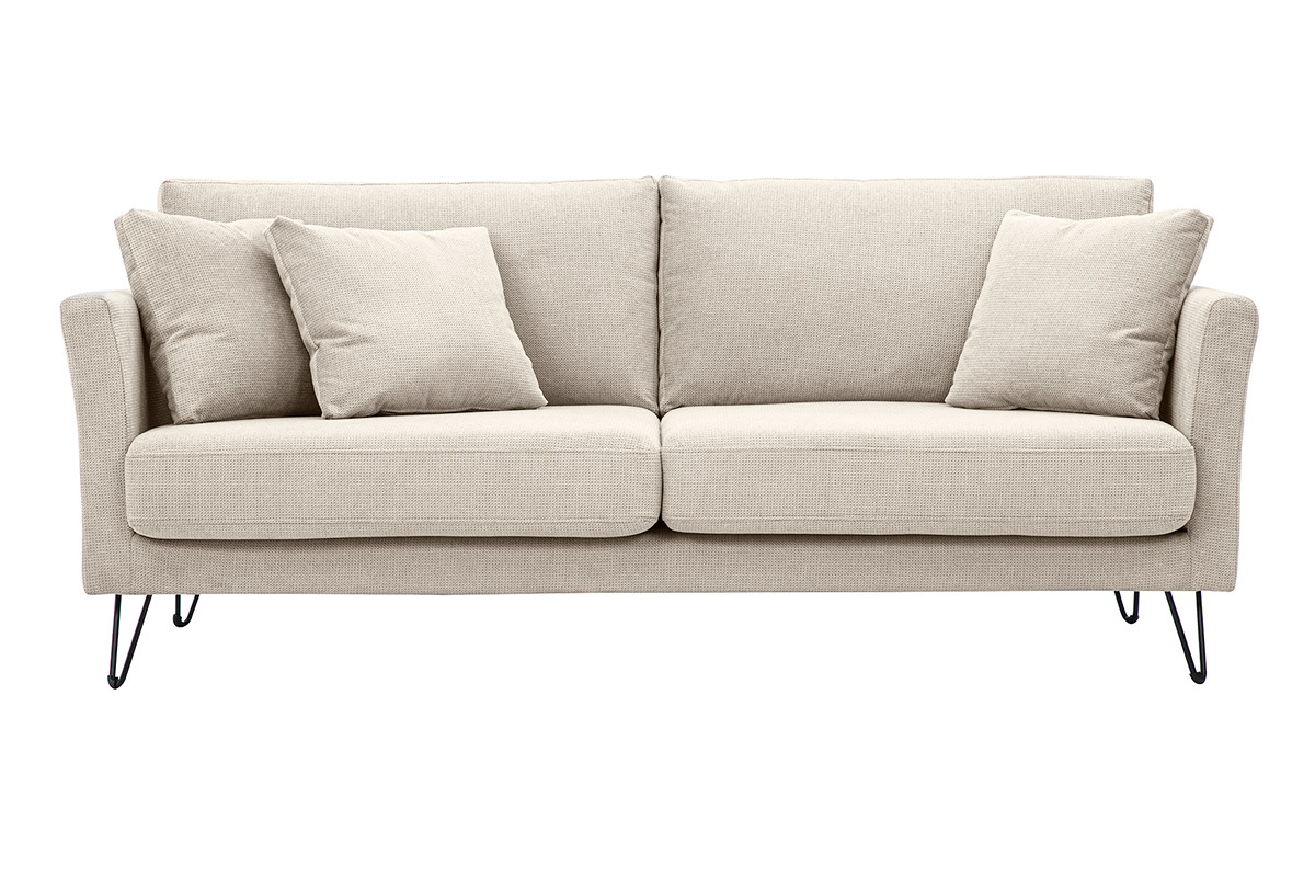 3-Sitzer-Sofa aus beigem Chenille-Stoff mit drei Kissen, Vorderansicht