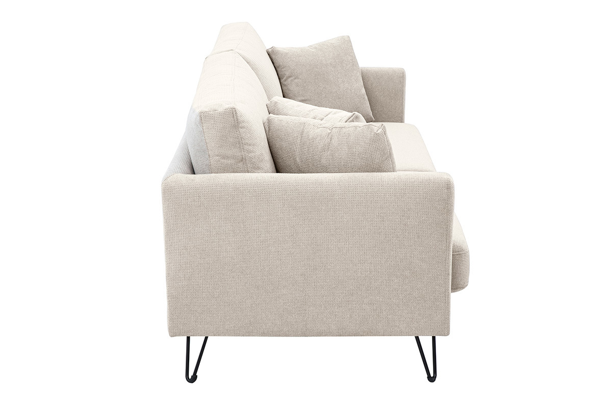 Dreisitzer-Sofa aus beigem Chenille-Stoff in Seitenansicht mit abnehmbaren Kissen und schwarzem Metallgestell