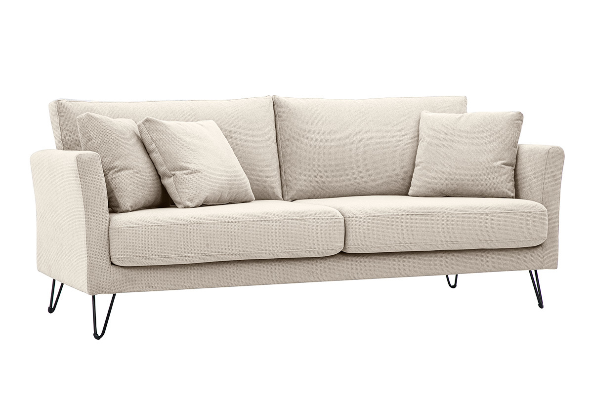 3-Sitzer-Sofa aus beigem Chenille-Gewebe mit Kissen, 3/4-Ansicht
