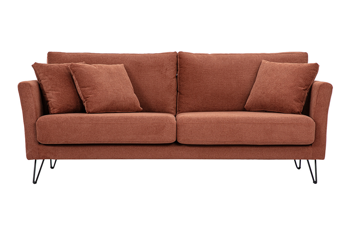 3-Sitzer-Sofa aus Chenille-Stoff in gebrannter Erde mit Kissen, Vorderansicht.