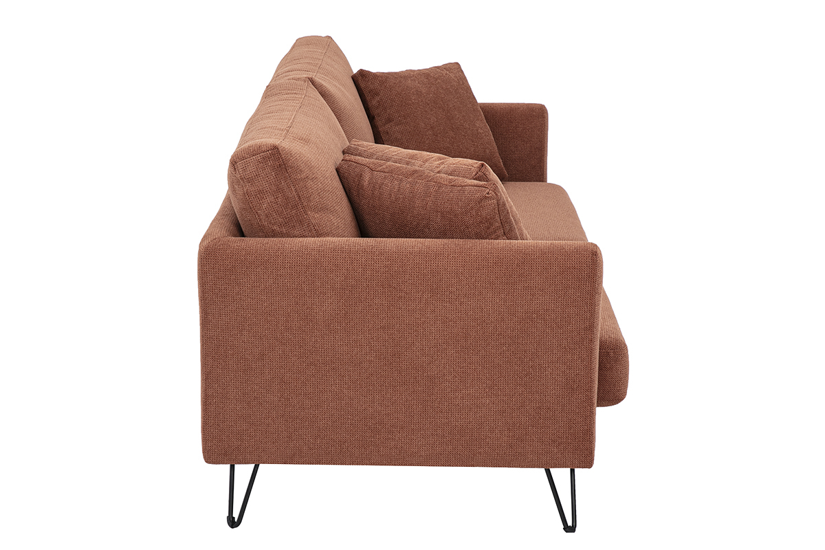 3-Sitzer-Sofa aus Chenille-Stoff in gebrannter Erde, Seitenansicht mit Kissen.