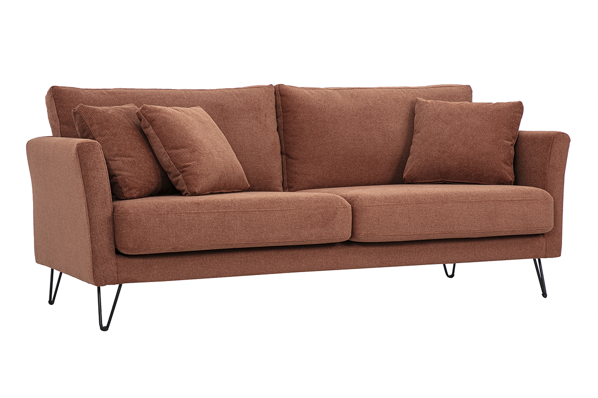 Dreisitziges Sofa aus Chenille in Ziegelrot mit Kissen, 3/4-Ansicht
