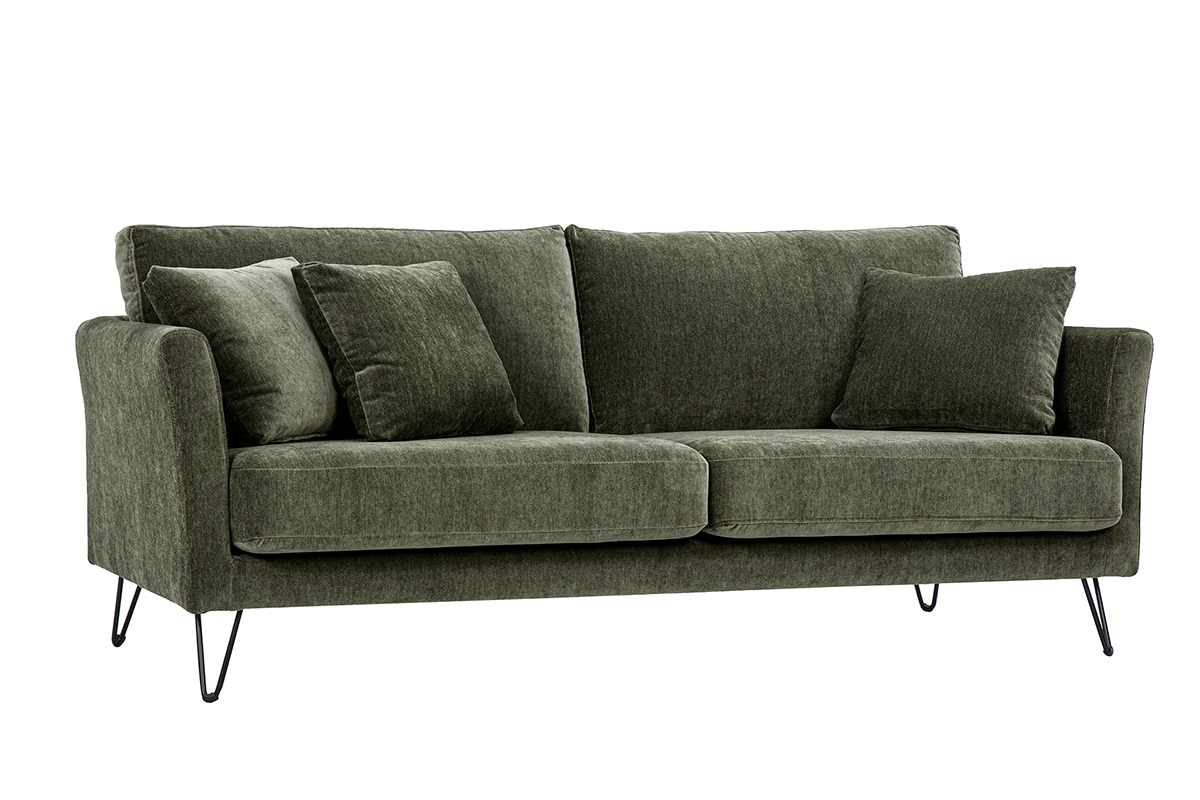 3-Sitzer-Sofa aus Stoff in gr�ner Khaki-Veloursoptik mit Kissen, 3/4-Ansicht