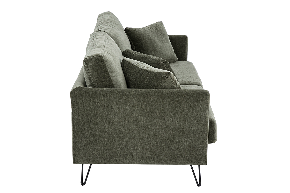 3-Sitzer-Sofa aus samtigem Stoff in Khaki-Gr�n, Seitenansicht, mit abnehmbaren Kissen und schwarzem Metallgestell.