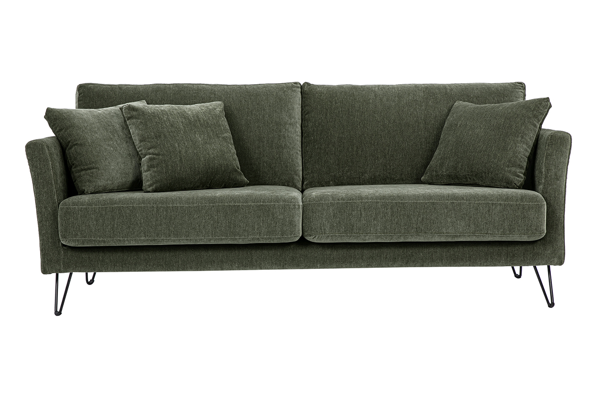 3-Sitzer-Sofa aus Stoff in khakigr�ner Samtoptik mit Kissen, Frontansicht