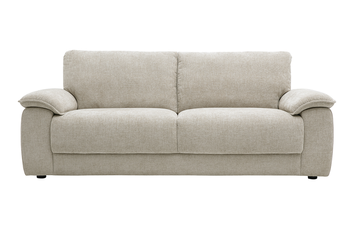 3-Sitzer-Sofa aus beigem Stoff mit samtiger Textur, Frontansicht