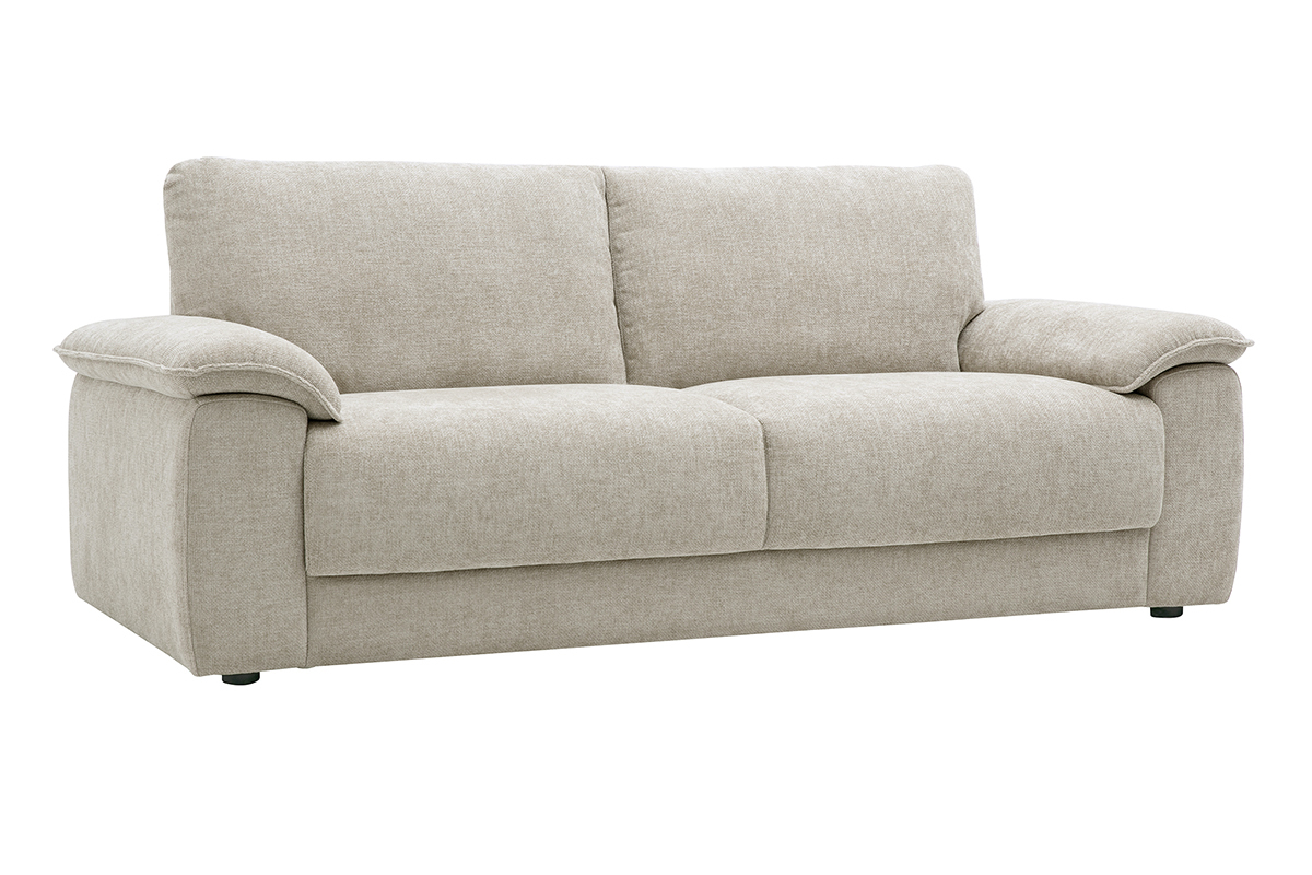 3-Sitzer-Sofa aus beigem Stoff mit strukturierter Samtoptik, 3/4-Ansicht