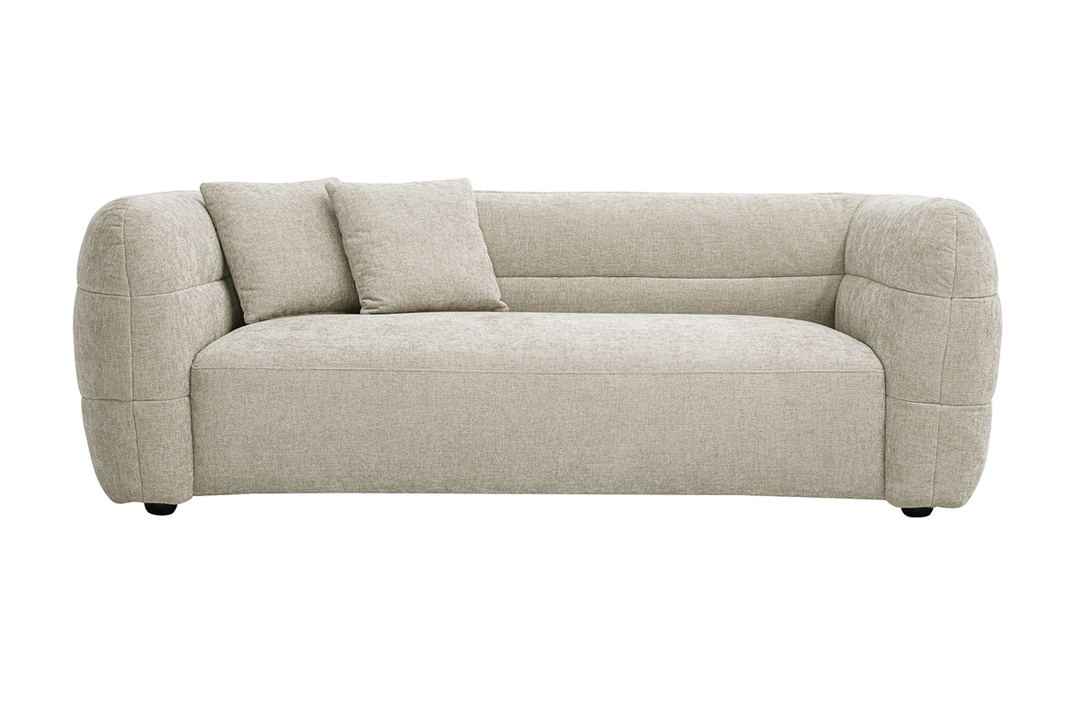 Dreisitzer-Sofa aus beigem Samtstoff, Frontansicht.