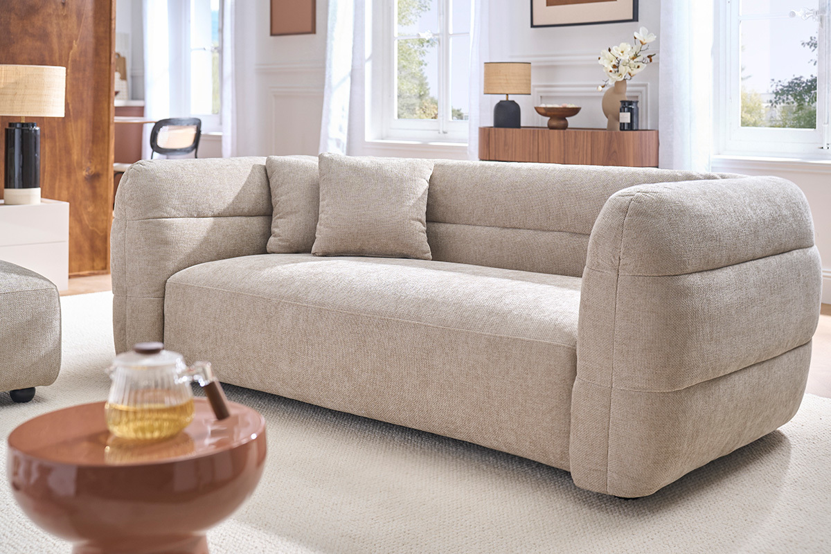3-Sitzer Sofa in beigefarbenem Samteffekt strukturiertem Stoff JOYA
