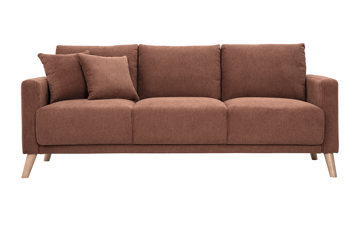 MUNIK 3-Sitzer Sofa in braunem Stoff, mit hellen Holzbeinen, Frontansicht.