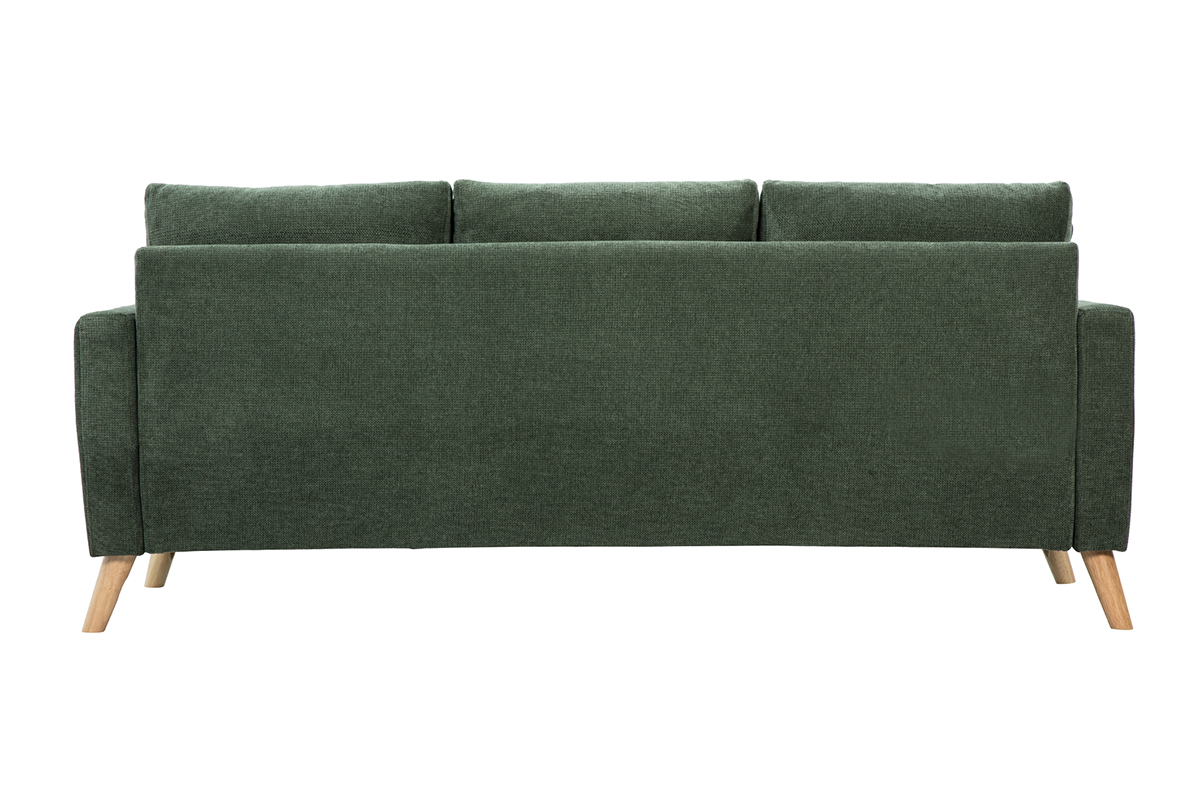 Dreisitzer-Sofa in Khakigr�n aus Chenille-Stoff, R�ckansicht, mit hellen Holzbeinen.