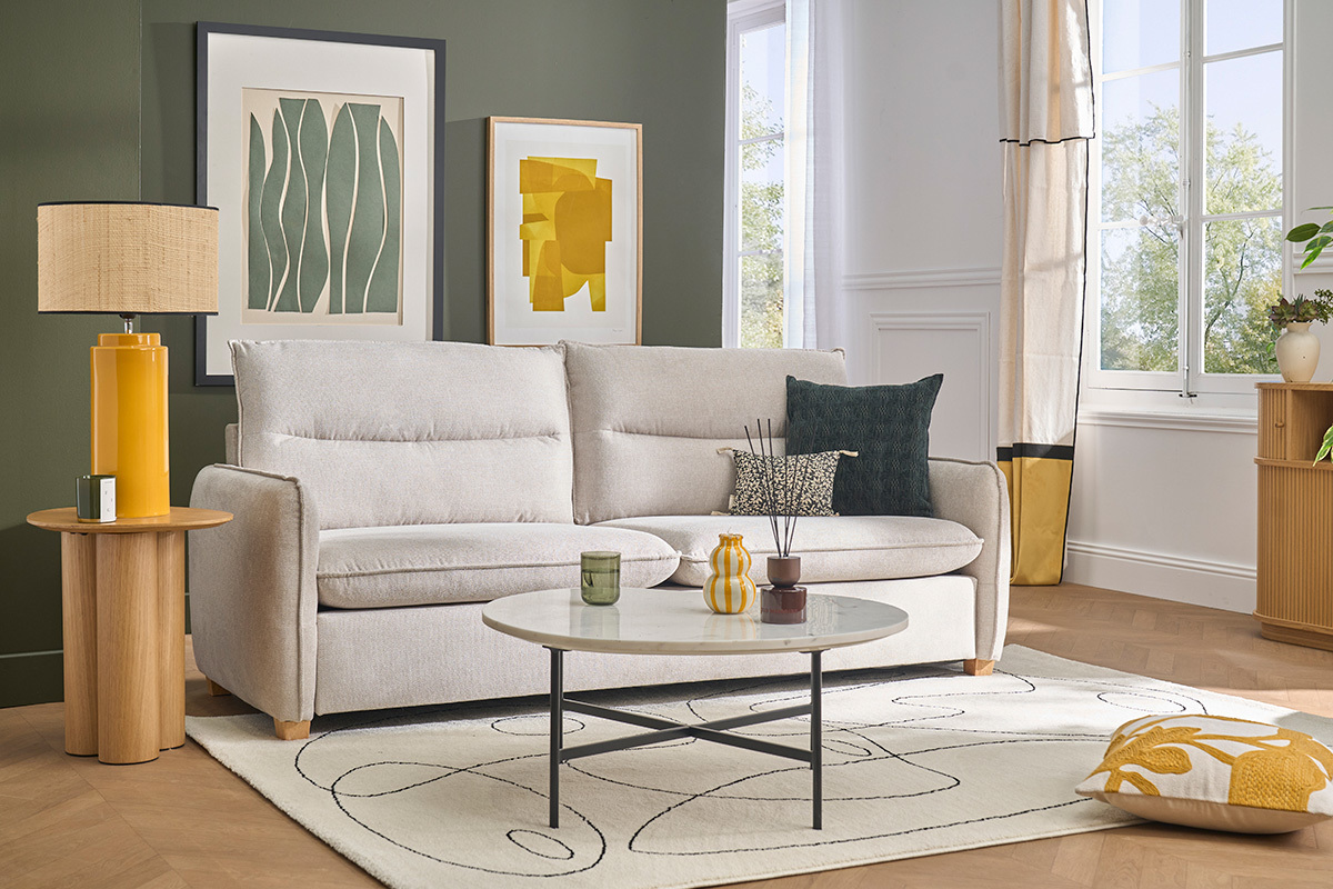 3-Sitzer Sofa in texturiertem, samtigem Beigestoff RENZO