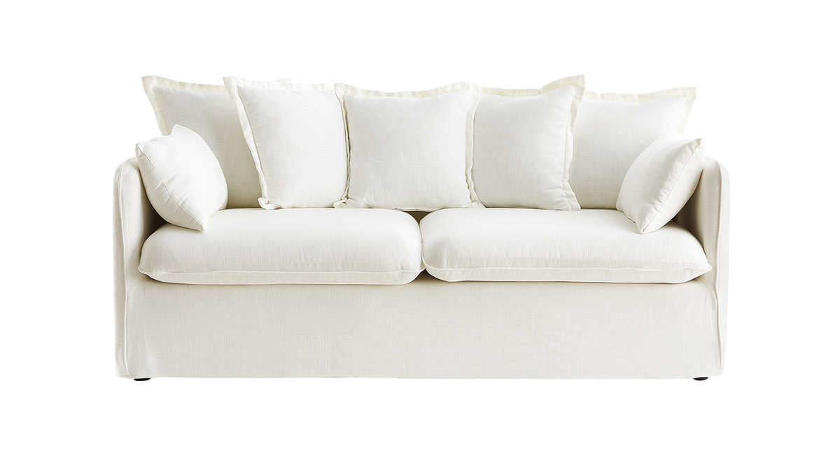 3-Sitzer-Sofa mit abnehmbarem Bezug aus cremefarbenem Viskose-Leinen MERLIN