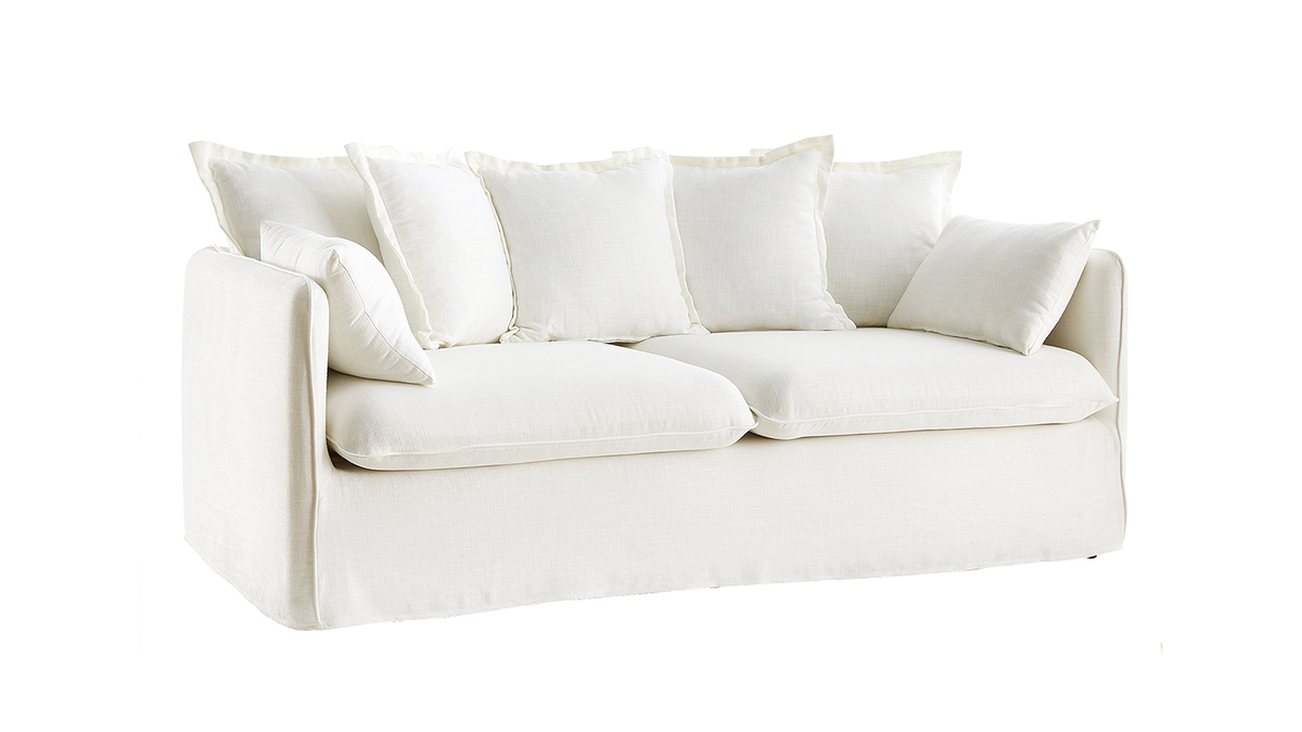3-Sitzer-Sofa mit abnehmbarem Bezug aus cremefarbenem Viskose-Leinen MERLIN