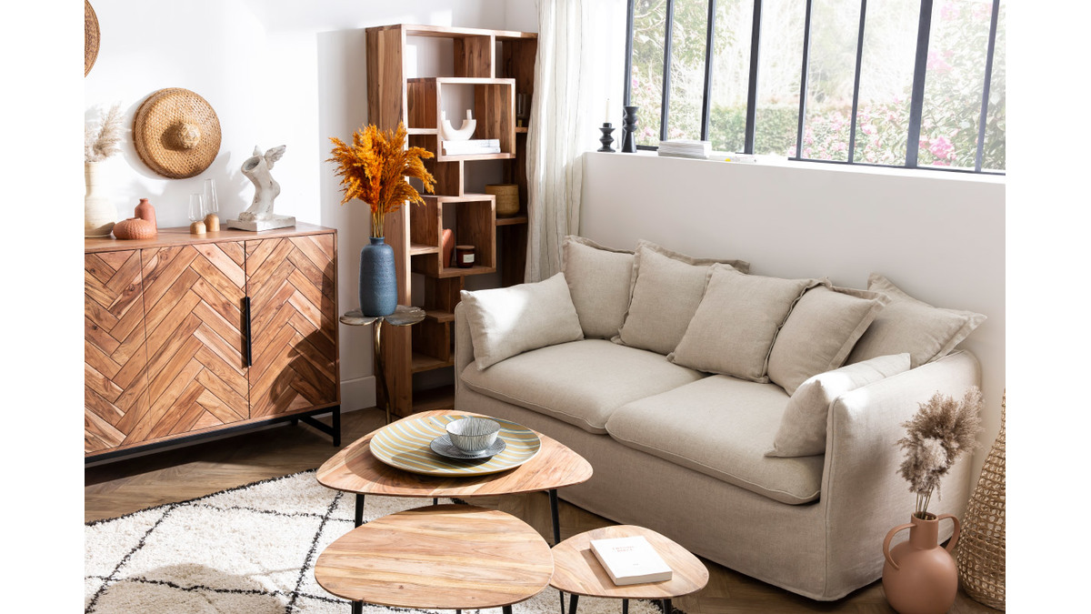 3-Sitzer-Sofa mit abnehmbarem Bezug aus Naturleinen MERLIN