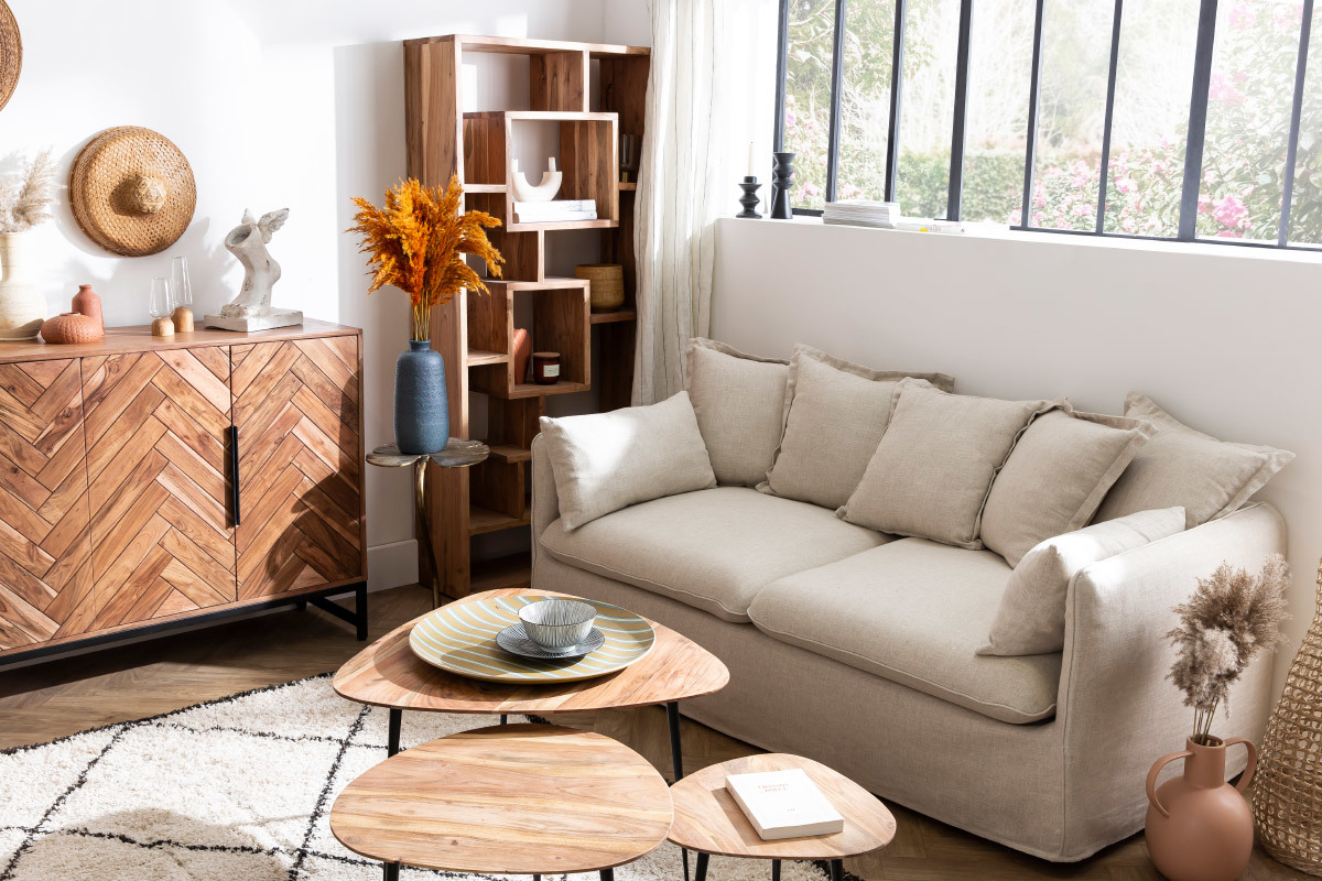 3-Sitzer-Sofa mit abnehmbarem Bezug aus Naturleinen MERLIN