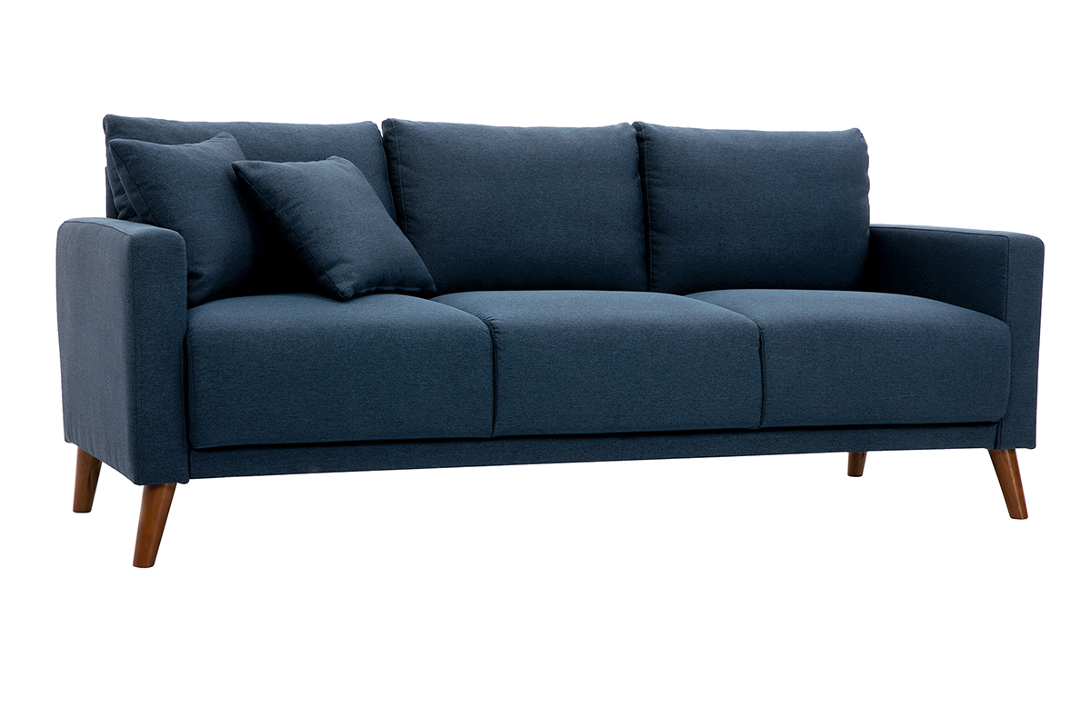3-Sitzer-Sofa mit dunkelblauem Stoff und dunklem Holz MUNIK